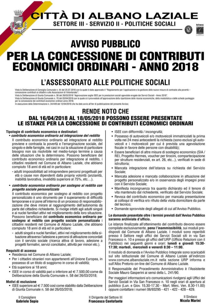 Albano Laziale, Politiche Sociali: concessione di contributi economici