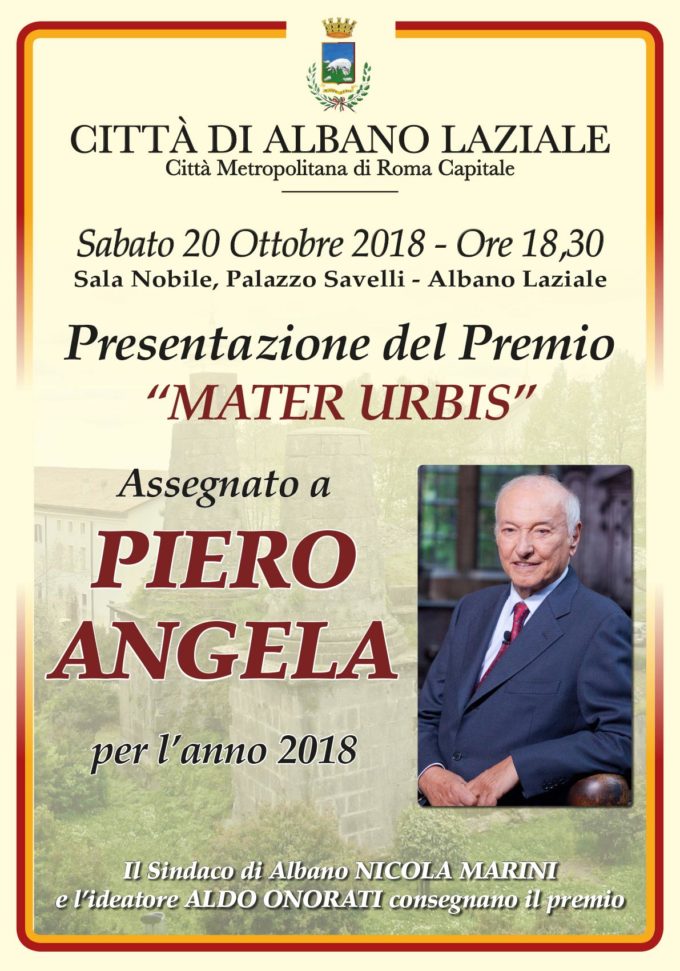 Albano Laziale, 20 ottobre Piero Angela a Palazzo Savelli per il premio Mater Urbis