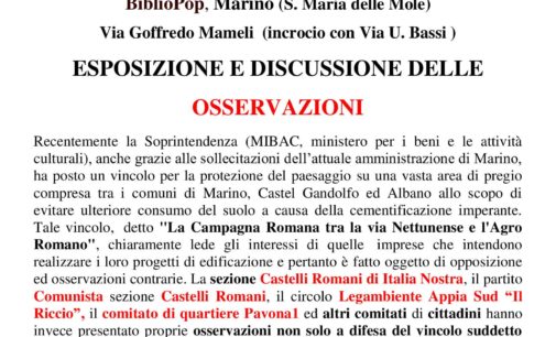 Presentazione- dibattito sulle OSSERVAZIONI al vincolo del MIBAC  su Marino Castel Gandolfo ed Albano