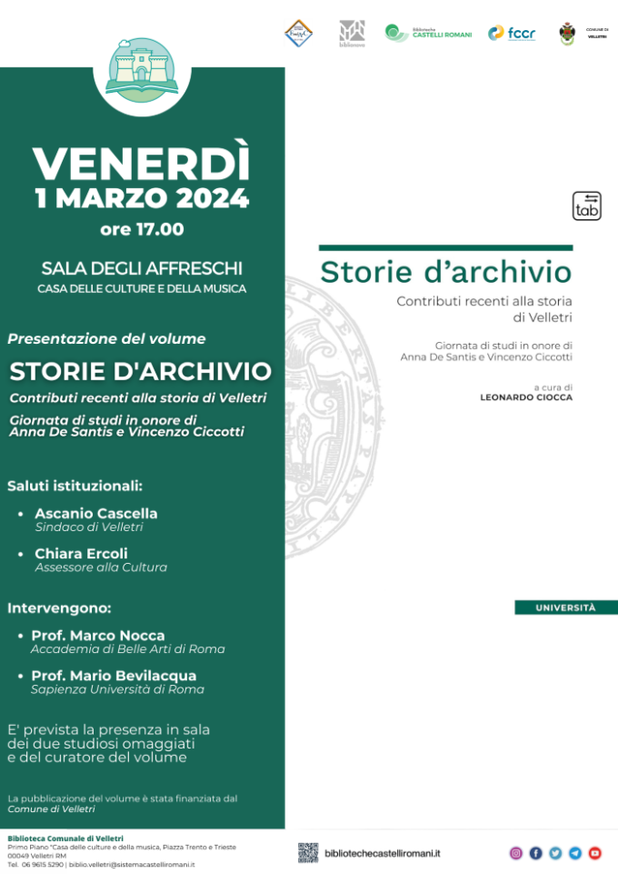 Venerdì 1 marzo “Storie d’Archivio. Contributi recenti alla storia di Velletri. Giornata di studi…”