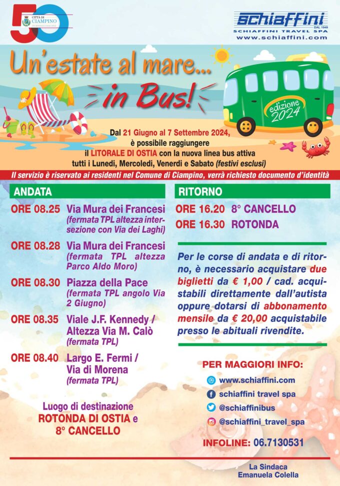 Ciampino – Trasporti, dal 21 giugno torna l’iniziativa “Un’estate al mare… in bus”