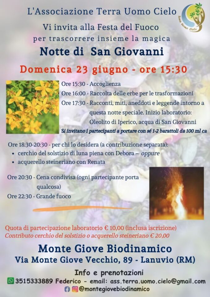 Il 23/6 “Notte di S. Giovanni” presso Monte Giove Biodinamico