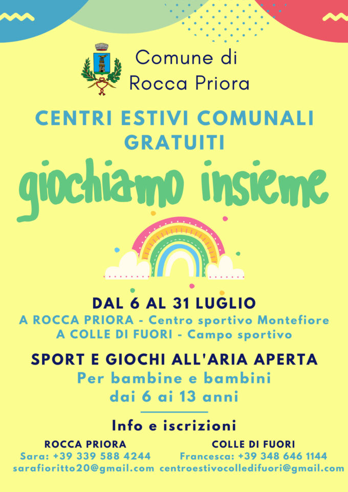 Rocca Priora – Centri Estivi Gratuiti: da lunedì si torna a “Giocare insieme”  