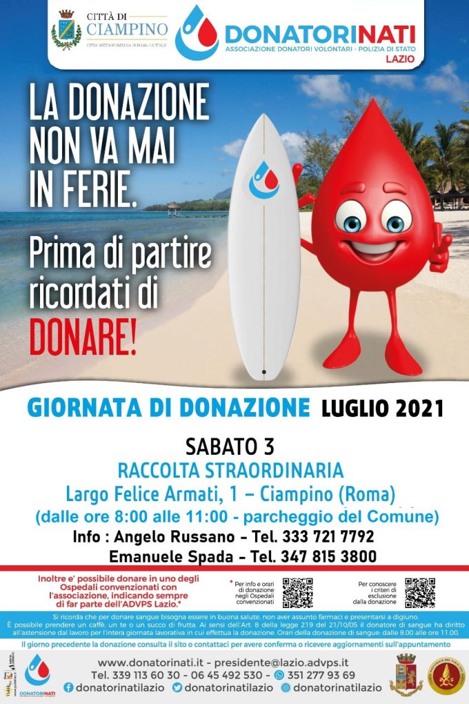 Ciampino – 3 luglio: giornata di donazione del sangue