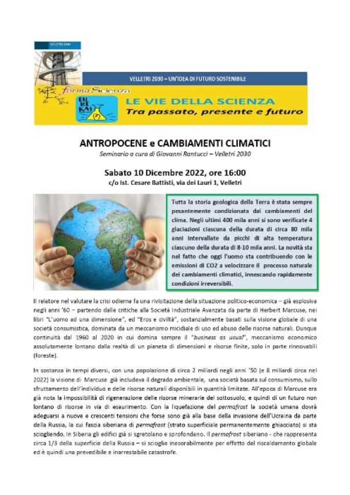 SECONDO APPUNTAMENTO DEL CICLO DI SEMINARI  VELLETRI 2030 “LE VIE DELLA SCIENZA”