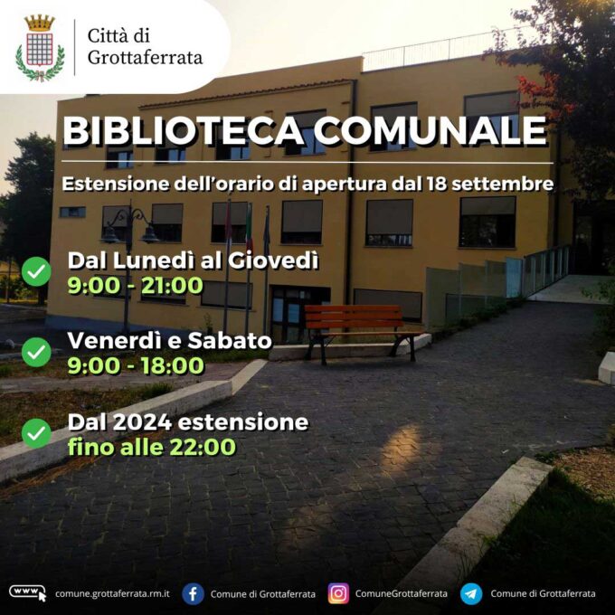 Grottaferrata estende gli orari della Biblioteca Comunale