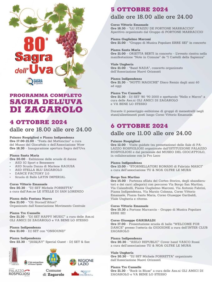 Comunicato stampa 80ª Sagra dell’Uva di Zagarolo – 4, 5 e 6 Ottobre 2024