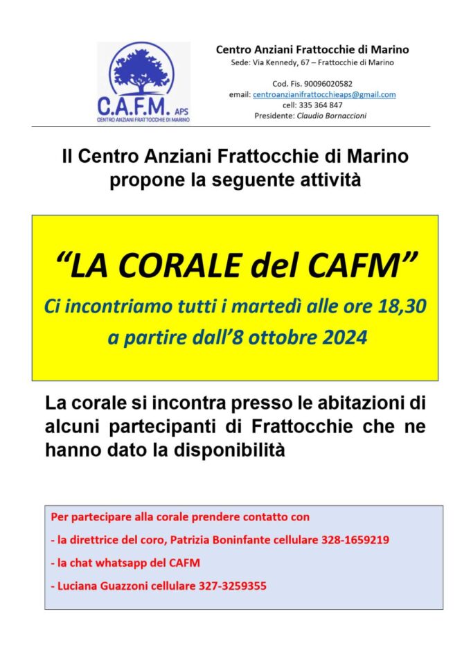 Il Centro Anziani Frattocchie di Marino avvia l’attività corale con incontri settimanali