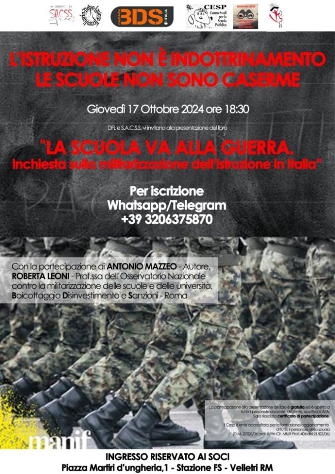 Giovedì 17/10 a Velletri presentazione del libro di Antonio Mazzeo “La scuola va alla guerra”