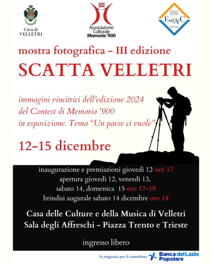 Dal 12 al 15 dicembre III edizione della Mostra “Scatta Velletri”