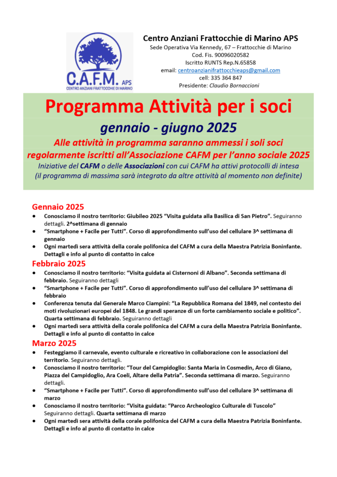 Centro Anziani Frattocchie presenta il programma per il primo semestre 2025